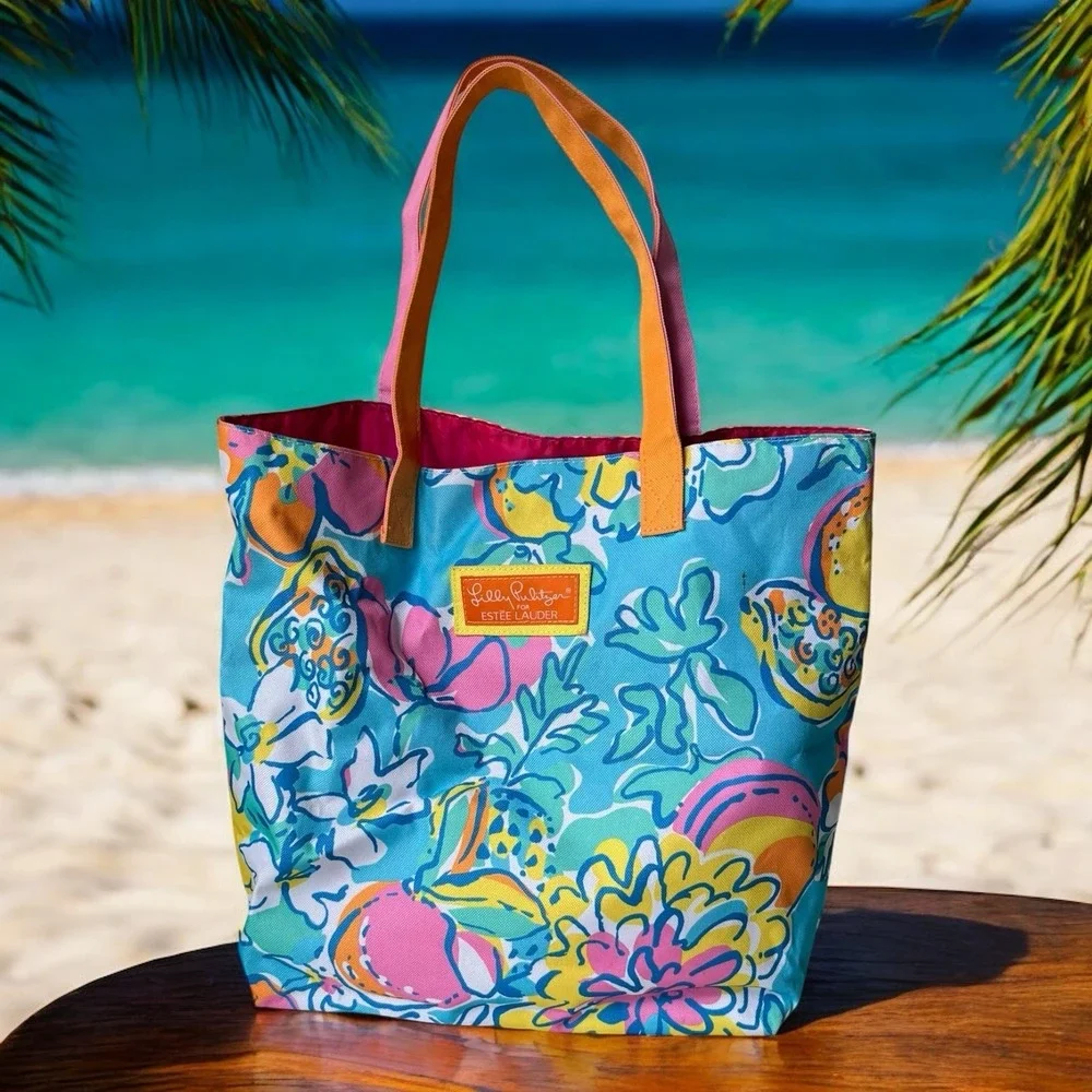 Lilly Pulitzer Estee Lauder Tote Bag Blue Floral Canvas Beach Shopping